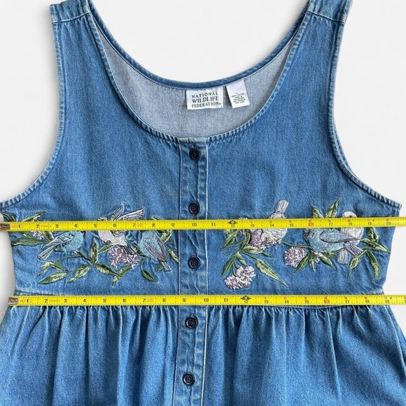 Vintage National Wildlife Federation Embroidered Blue Birds Denim Jumper Dress - Picture 7 of 7